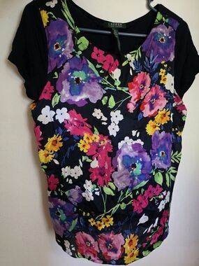 Ralph Lauren Blue Short-Sleeve Blouse with Multicolor Floral Print